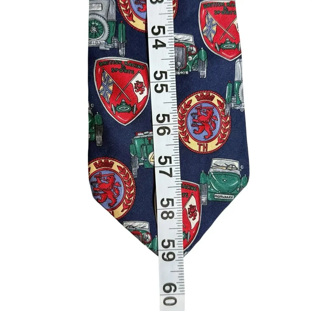 VTG Tommy Hilfiger Silk Necktie Heraldic Crest Shield Race Car Blue Red Made USA